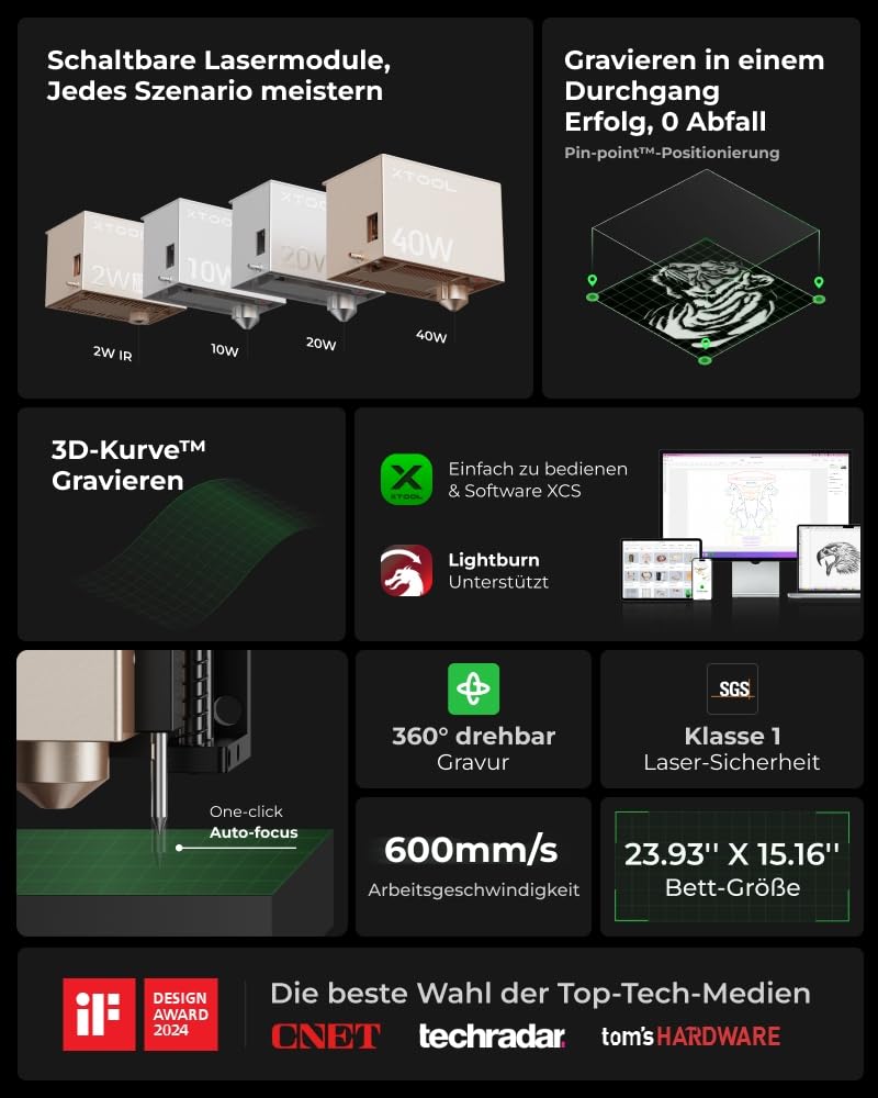 xTool S1 Laser Graviermaschine 40W Deluxe Kit, Geschlossene Sicherheit, Pin Punkt Positionierung, Autofokus, 600mm/s Geschwindigkeit, 498 * 319mm Arbeitsbereich für Metall, Holz, Leder