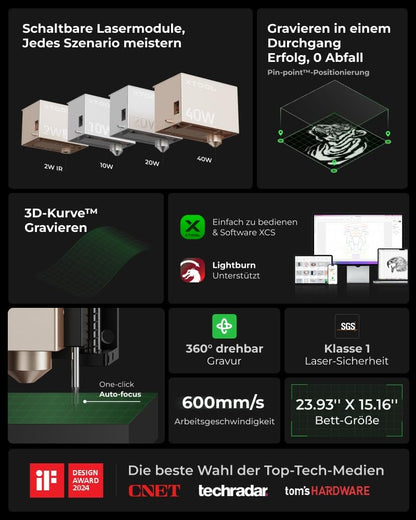 xTool S1 Laser Graviermaschine 40W Deluxe Kit, Geschlossene Sicherheit, Pin Punkt Positionierung, Autofokus, 600mm/s Geschwindigkeit, 498 * 319mm Arbeitsbereich für Metall, Holz, Leder