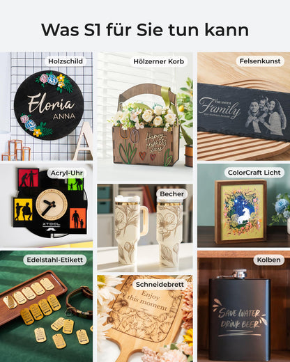 xTool S1 Laser Graviermaschine 40W Deluxe Kit, Geschlossene Sicherheit, Pin Punkt Positionierung, Autofokus, 600mm/s Geschwindigkeit, 498 * 319mm Arbeitsbereich für Metall, Holz, Leder