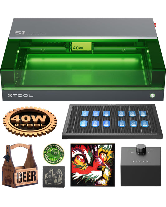 xTool S1 Laser Graviermaschine 40W Deluxe Kit, Geschlossene Sicherheit, Pin Punkt Positionierung, Autofokus, 600mm/s Geschwindigkeit, 498 * 319mm Arbeitsbereich für Metall, Holz, Leder